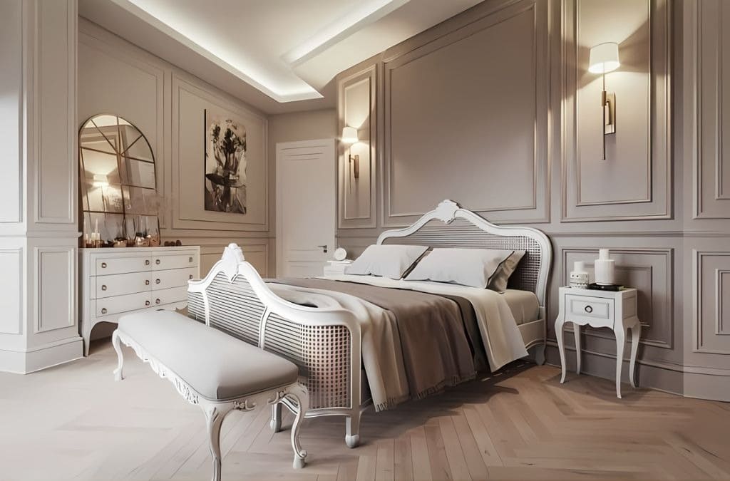 Phòng ngủ sang trọng với giường đôi và nội thất tông màu nâu kem, đèn tường và bàn trang điểm trang nhã.