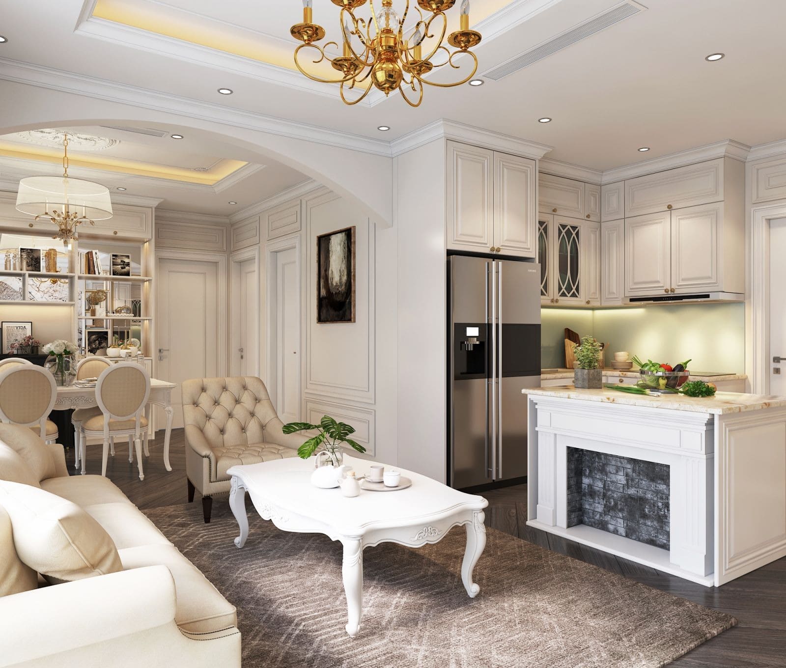 Thiết kế nội thất phòng khách và bếp sang trọng với tông màu trắng chủ đạo, đèn chùm và bàn ăn tinh tế.