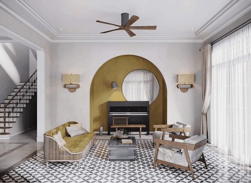 Phòng khách hiện đại với ghế sofa xanh, bàn gỗ và tường vàng, ánh sáng tự nhiên qua rèm cửa.