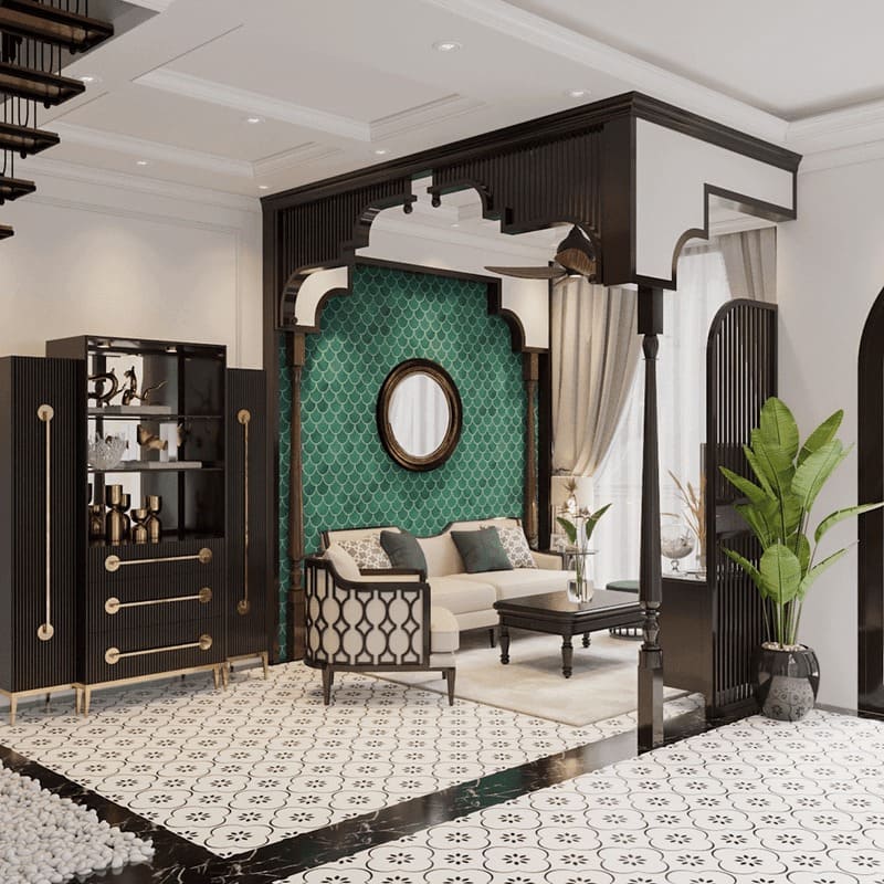 Phòng khách trang trí kiểu retro, ghế sofa trắng, tường xanh họa tiết nổi bật, cây xanh, gương tròn.