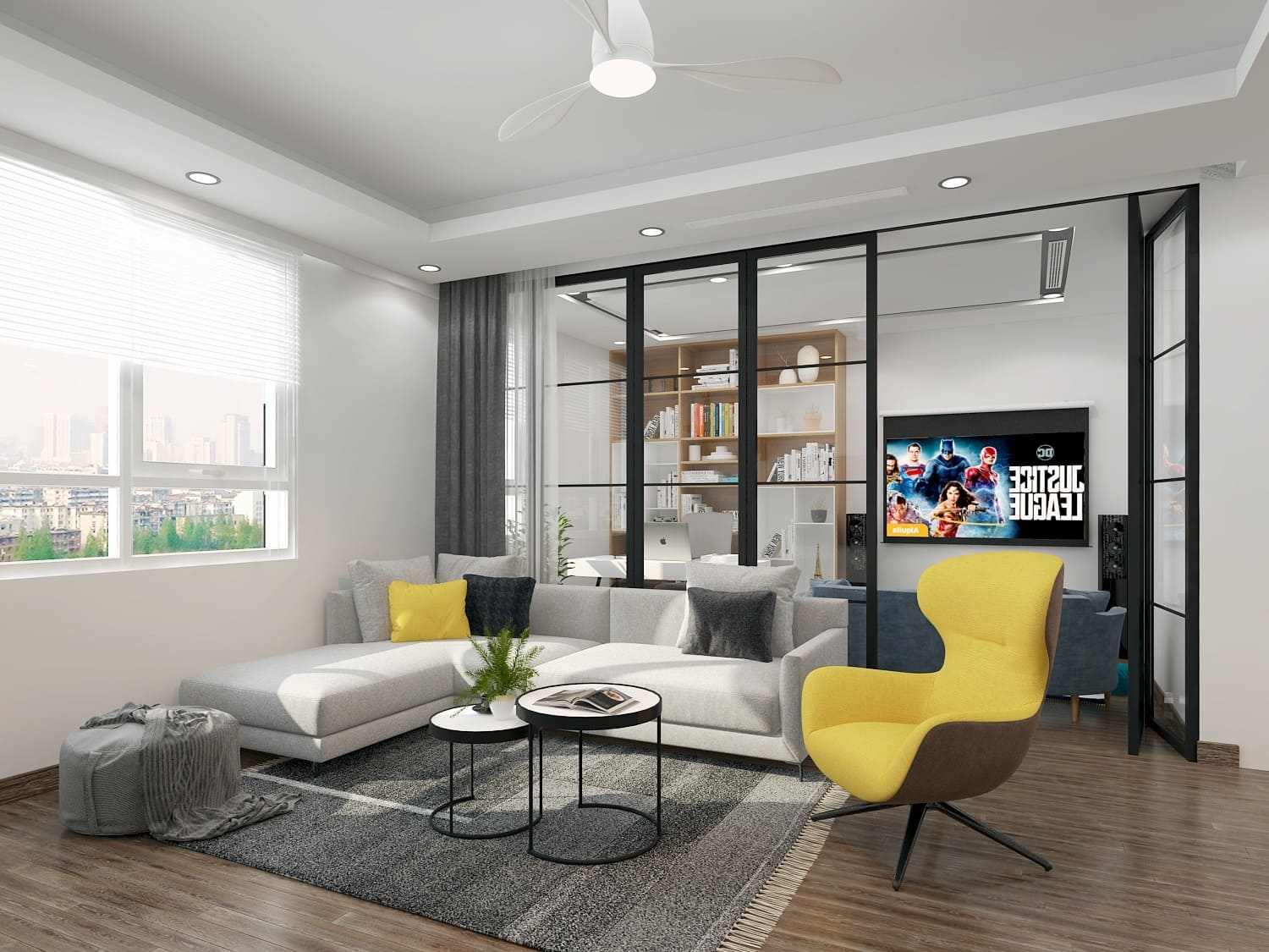 Phòng khách hiện đại với sofa xám, ghế vàng và cửa sổ lớn mang ánh sáng tự nhiên.