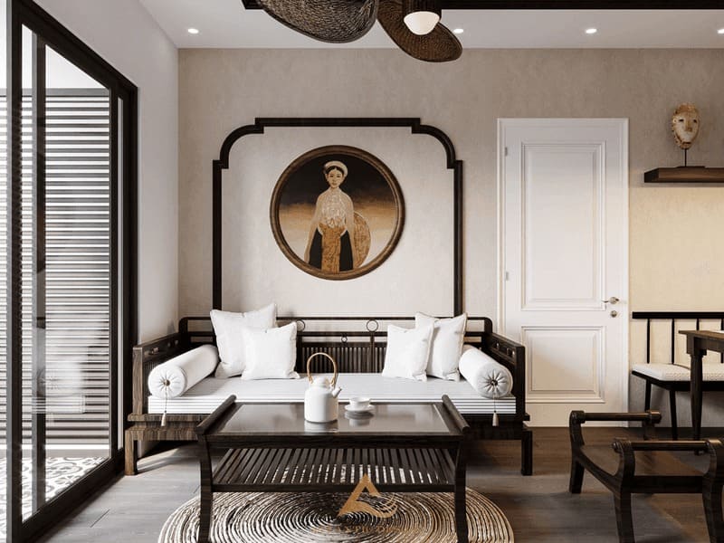 Phòng khách phong cách truyền thống, nổi bật với bức tranh cổ điển và nội thất gỗ sang trọng.