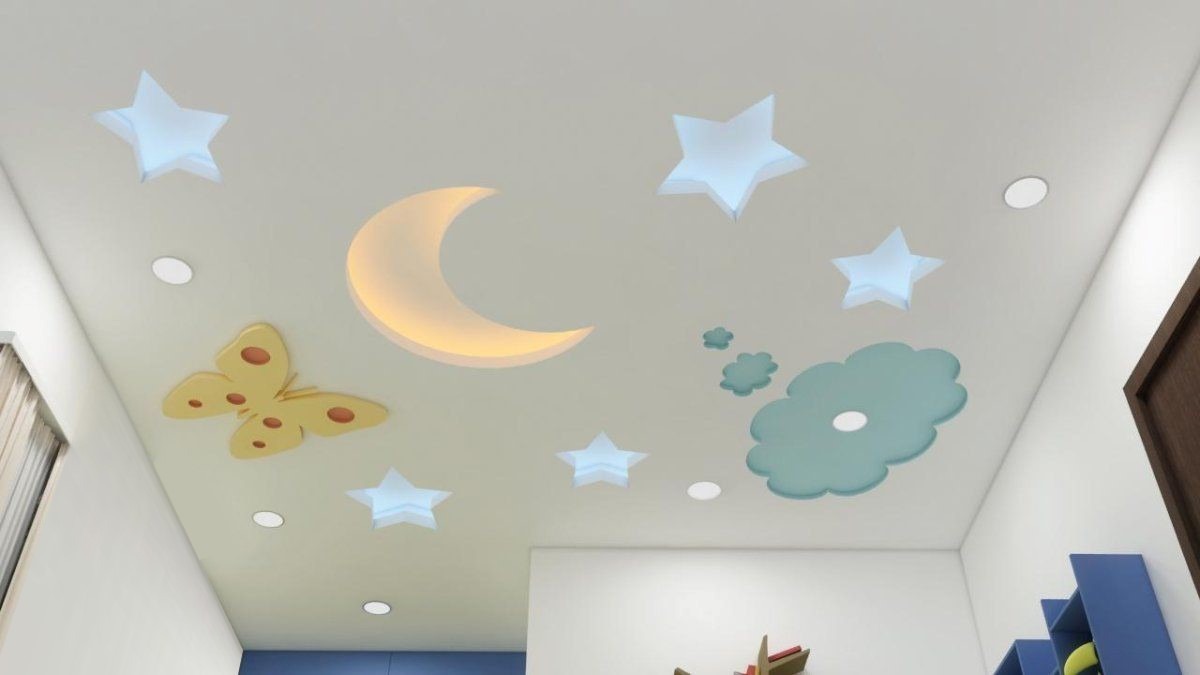Trần phòng trẻ em với trang trí đèn hình mặt trăng, sao và bướm, tạo không gian sáng tạo và ấm áp.