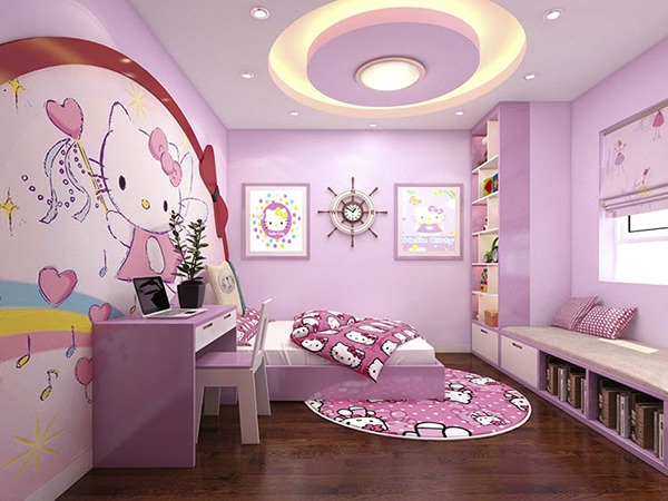 Phòng ngủ trẻ em trang trí Hello Kitty màu hồng tím, bàn học và giường, không gian ấm cúng.