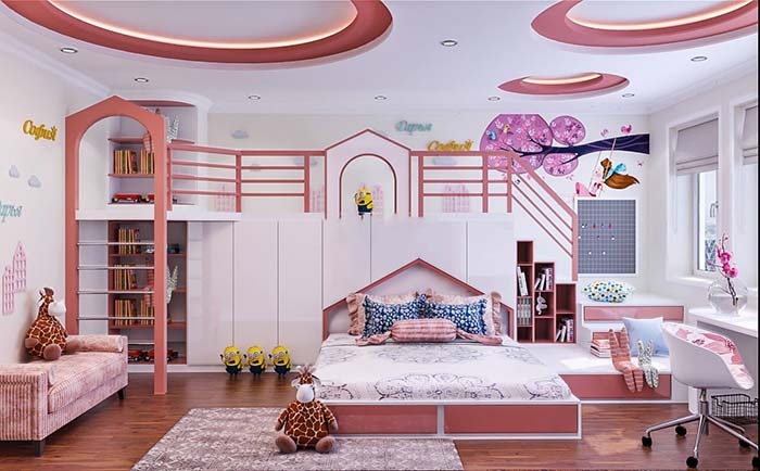 Phòng ngủ trẻ em màu hồng, thiết kế giường tầng, đồ chơi thú bông, đồ nội thất hiện đại và trang trí tường sáng tạo.