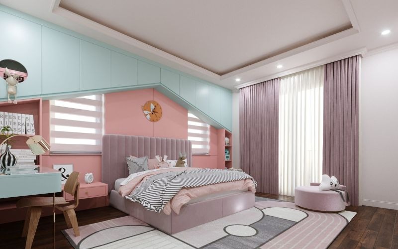 Phòng ngủ hiện đại với tông màu hồng và xanh, giường lớn, bàn làm việc và rèm cửa tím.