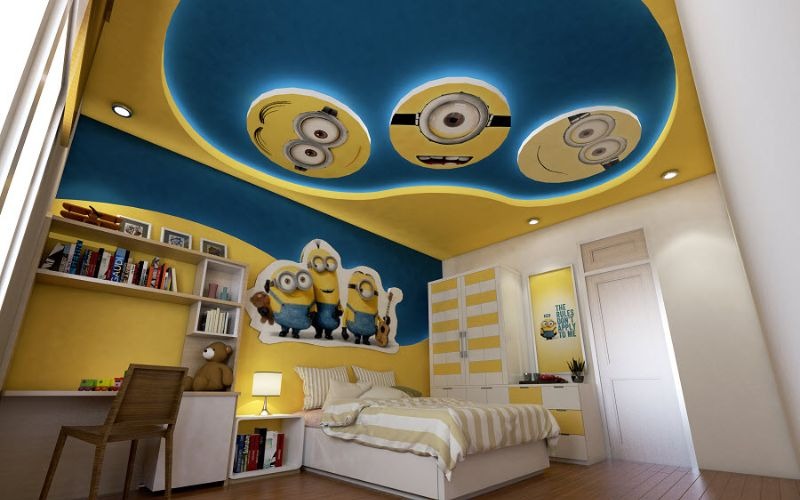 Phòng ngủ trẻ em trang trí Minions với giường, tủ và áp phích Minions trên trần nhà.