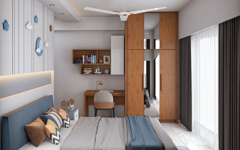 Phòng ngủ hiện đại với giường lớn, bàn làm việc và tủ quần áo gỗ tự nhiên, ánh sáng tự nhiên từ cửa sổ lớn.