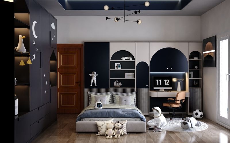 Phòng ngủ trẻ em hiện đại với giường, đồ chơi và bàn học, tông màu xanh dương, xám và trắng.