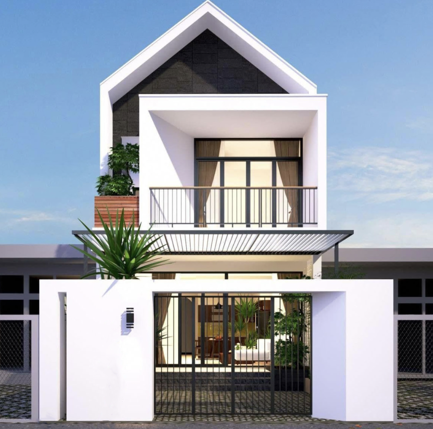 Ngôi nhà hiện đại 2 tầng với cửa kính lớn, ban công và cây xanh trước sân, thiết kế đơn giản và sang trọng.