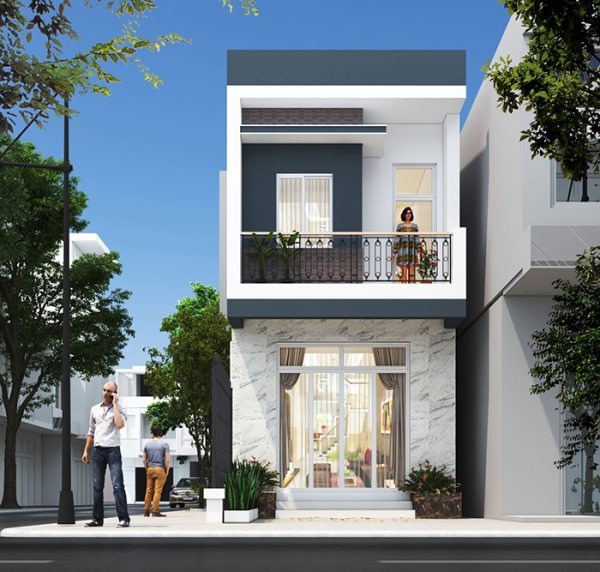 Nhà phố hiện đại 2 tầng màu xanh và trắng, có người đứng trên ban công, cây xanh xung quanh và bầu trời trong xanh.