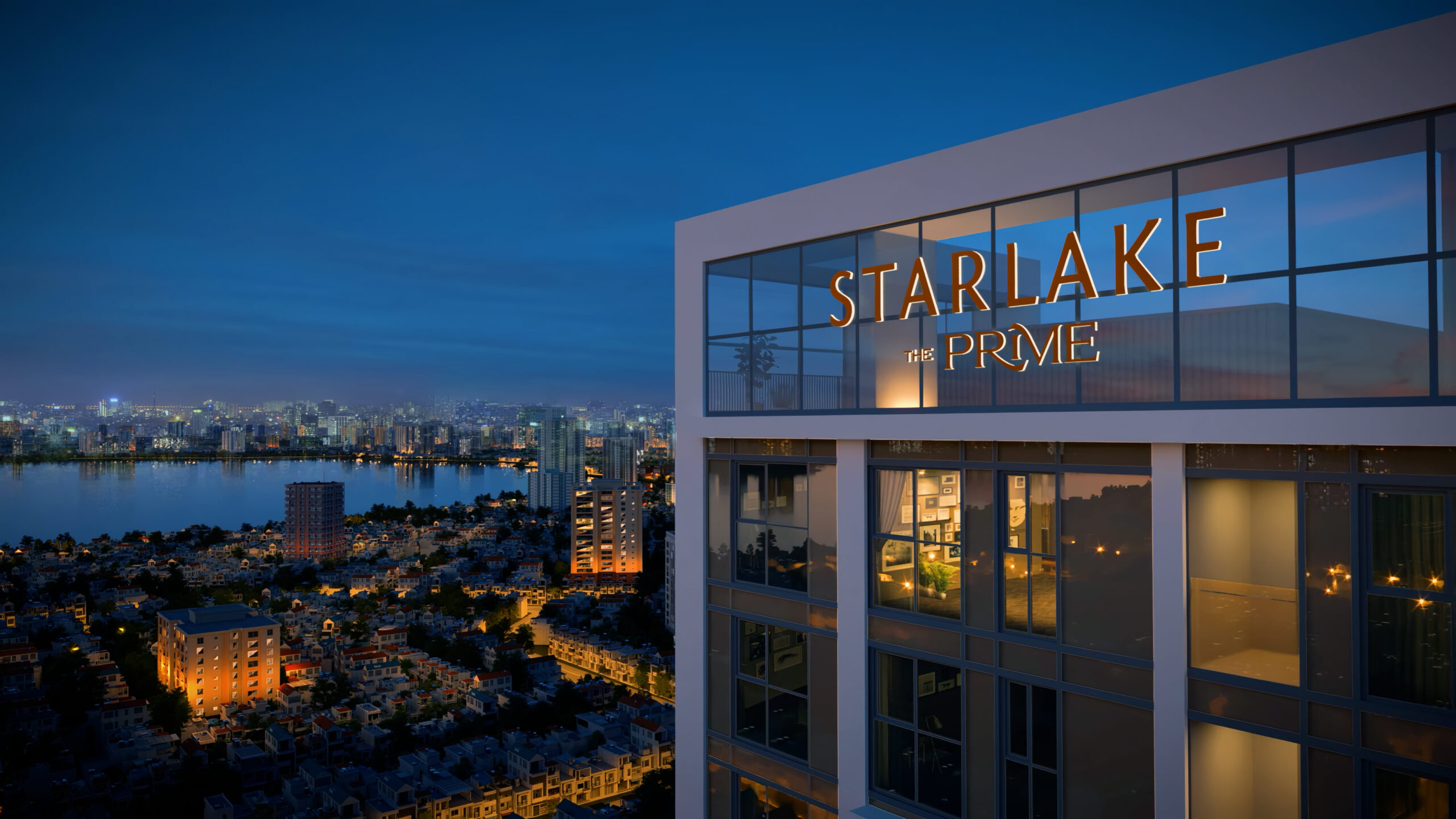 Tòa nhà Starlake Prime bên hồ nước và thành phố về đêm, ánh sáng lung linh từ các tòa nhà cao tầng.