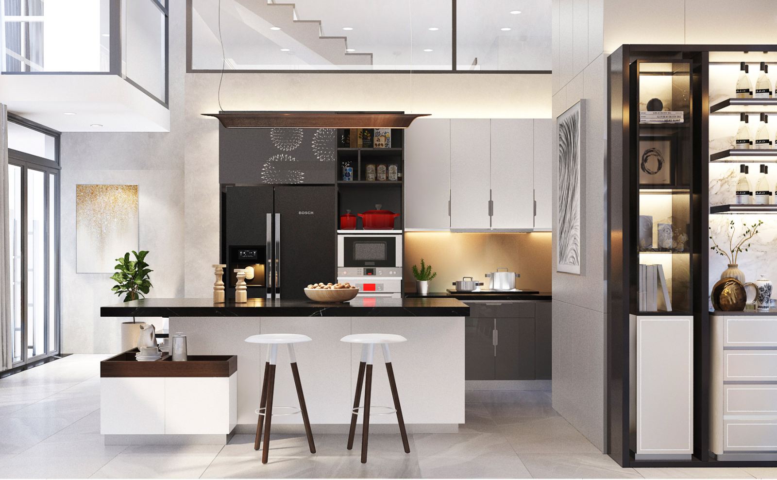 Nhà bếp hiện đại với nội thất sang trọng, bàn ăn và ghế cao, ánh sáng tự nhiên từ cửa sổ rộng.