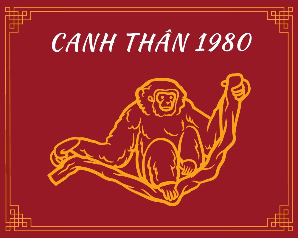 Hình vẽ khỉ Canh Thân 1980 trên nền đỏ, trang trí góc truyền thống.