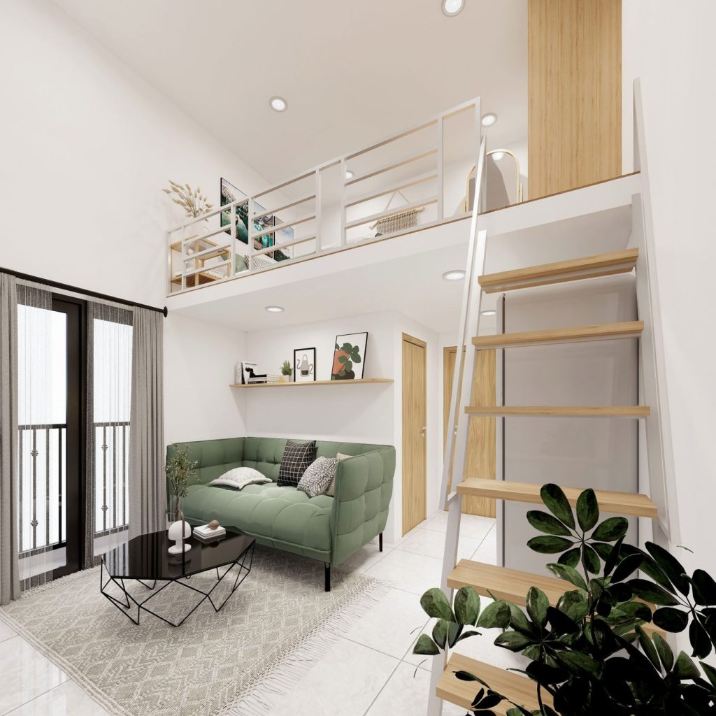 Phòng khách hiện đại với ghế sofa xanh, cầu thang lên gác xép, cửa kính lớn và cây xanh trang trí.