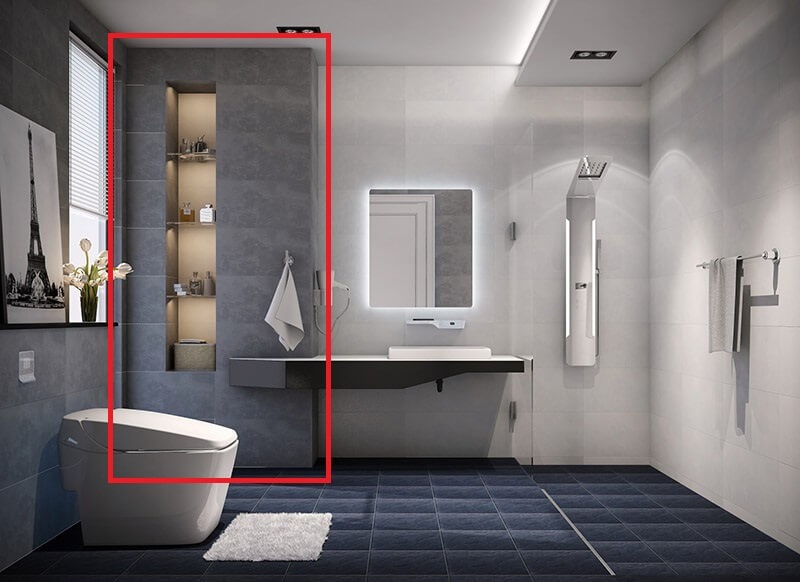 Phòng tắm hiện đại với bồn cầu, bồn rửa tay và gương có đèn LED. Nội thất tối giản và sang trọng.