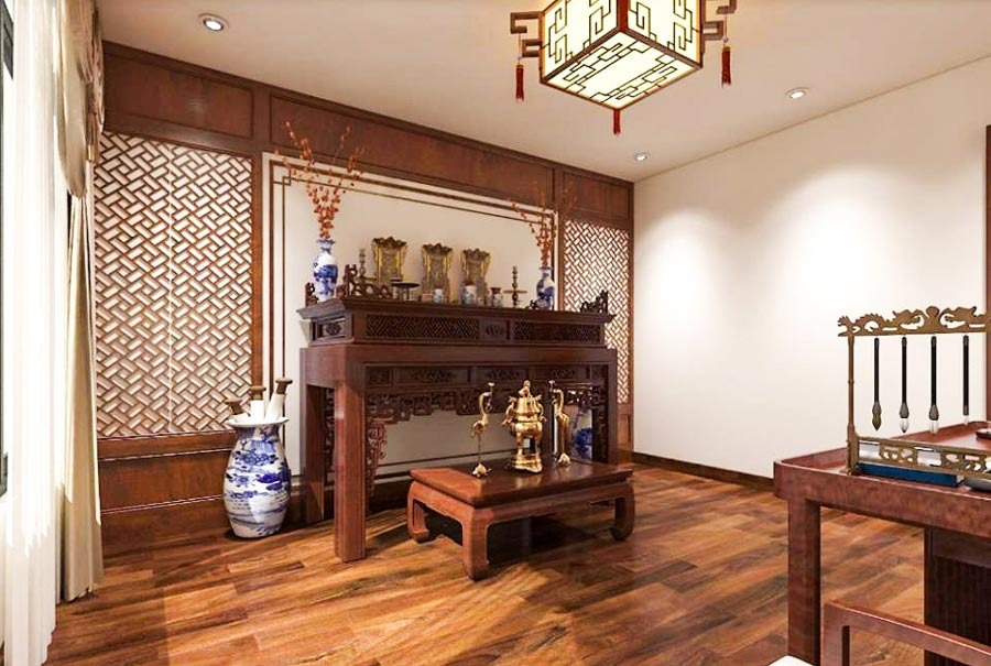 Nội thất phòng thờ gỗ truyền thống, trang trí bình gốm xanh và đèn treo trang trí, tạo không gian ấm cúng và trầm mặc.