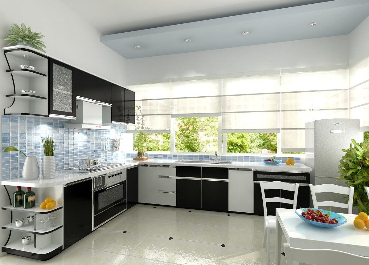 Nhà bếp hiện đại với tủ đen trắng, kệ trang trí và bàn ăn nhỏ, ánh sáng tự nhiên từ cửa sổ lớn.