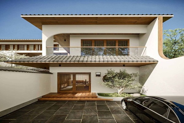 Nhà hiện đại với mái ngói, sử dụng vật liệu tự nhiên, có sân trước và ô tô đen, phong cách kiến trúc độc đáo.