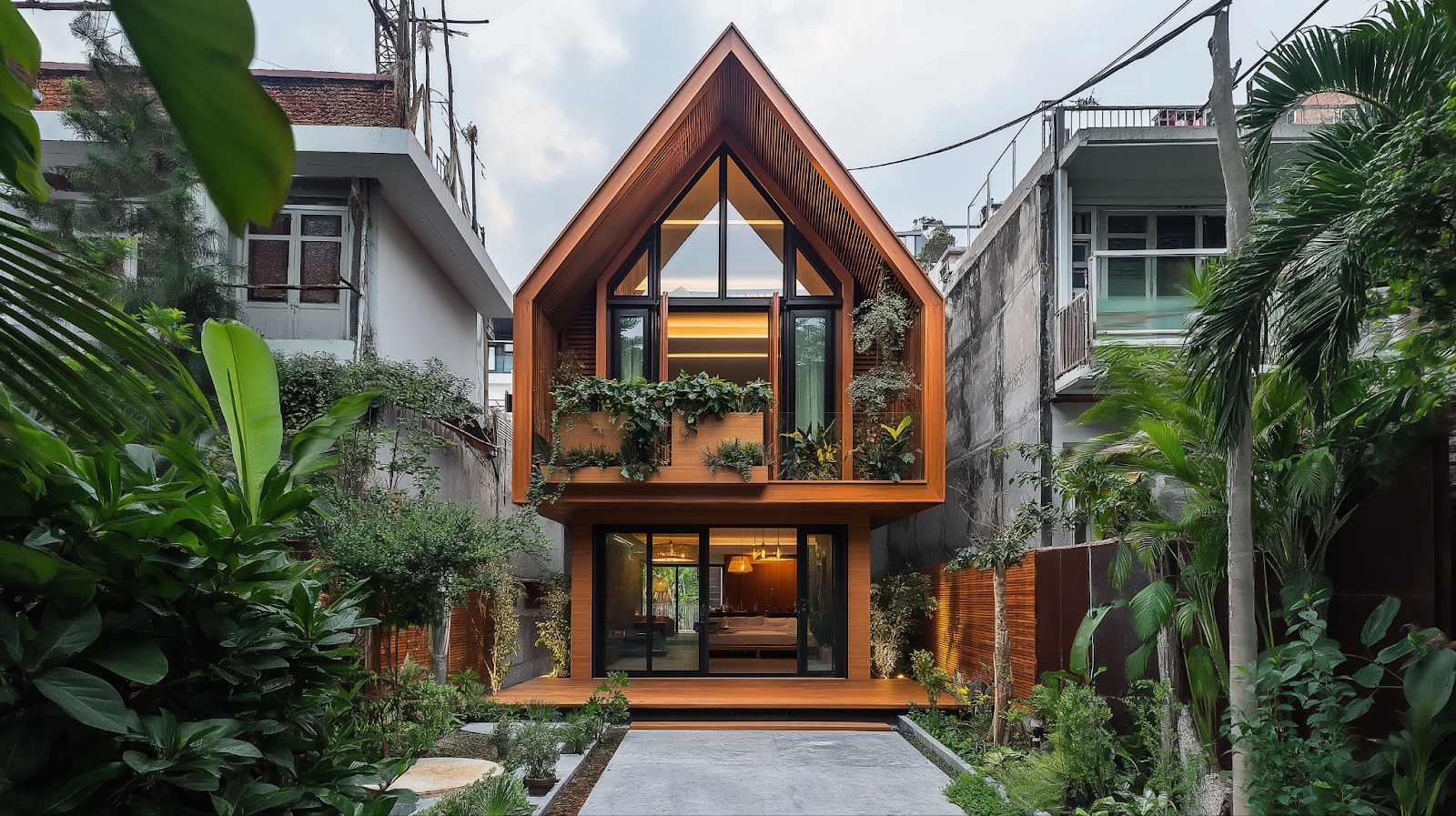 Ngôi nhà gỗ hiện đại với vườn cây xanh trước hiên, nằm giữa khu phố tại Việt Nam.