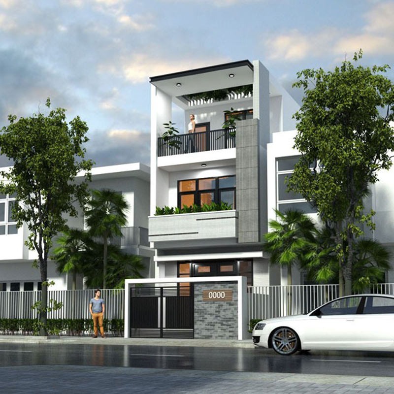 Nhà phố hiện đại với ba tầng, ban công nhiều cây xanh, cây cối xung quanh, xe ô tô trắng phía trước.
