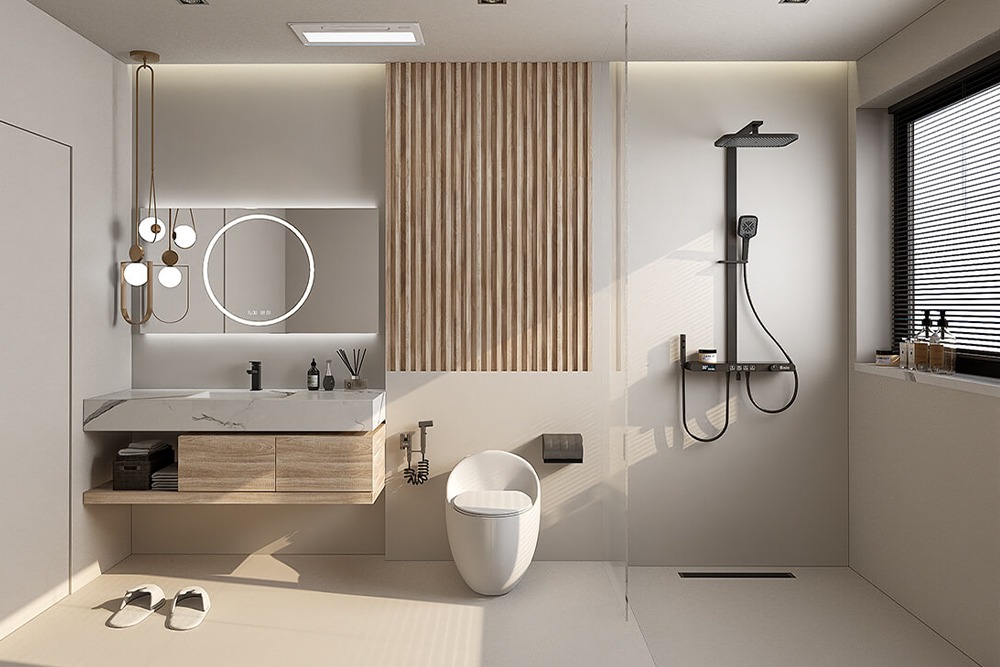 Phòng tắm hiện đại với thiết kế tối giản, vòi sen đen và bồn rửa tay đôi, ánh sáng tự nhiên qua cửa sổ.