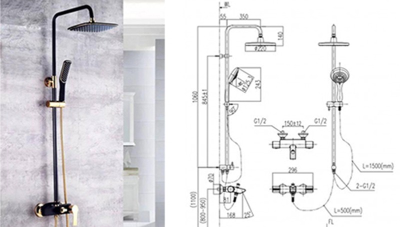 Vòi sen tắm cao cấp kèm bản vẽ kỹ thuật chi tiết, thiết kế hiện đại.