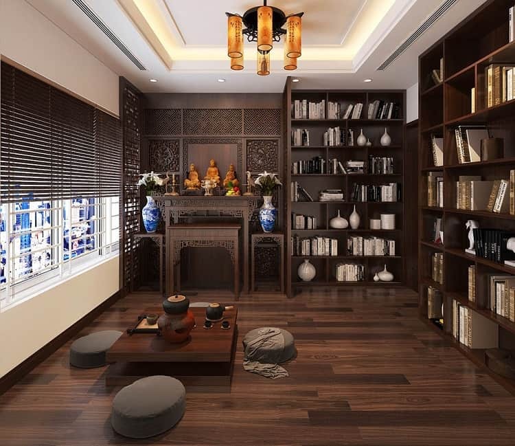 Phòng thờ phong cách truyền thống, nội thất gỗ, kệ sách, tượng Phật, bàn trà, ánh sáng tự nhiên từ cửa sổ.