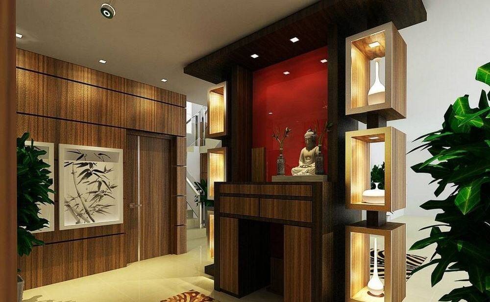 Phòng thờ hiện đại với tượng Phật và đèn trưng bày nổi bật, không gian ấm cúng với chất liệu gỗ sang trọng.