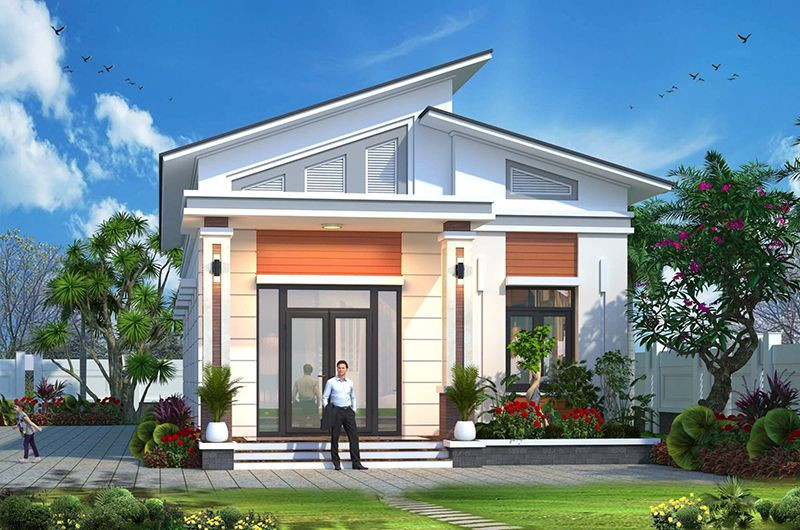 Nhà cấp 4 phong cách hiện đại với mái chéo, khu vườn xanh mát, cùng người đàn ông trước cửa chính.