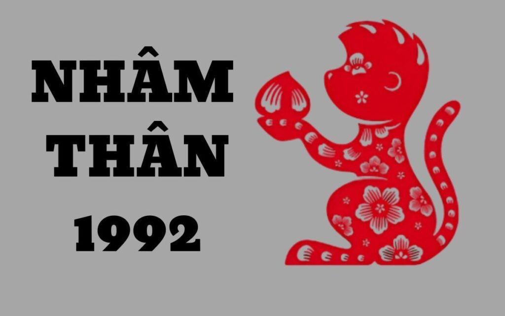 Hình ảnh Nhâm Thân 1992 với chú khỉ đỏ trang trí hoa, biểu tượng con giáp năm Thân.