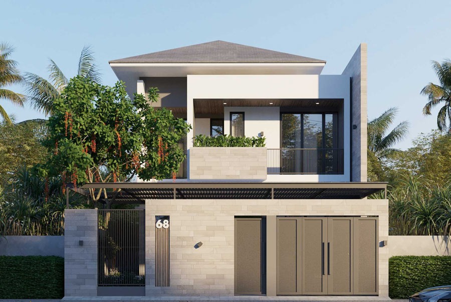 Ngôi nhà hai tầng hiện đại với cửa kính lớn, sân rộng, cây xanh bao quanh.