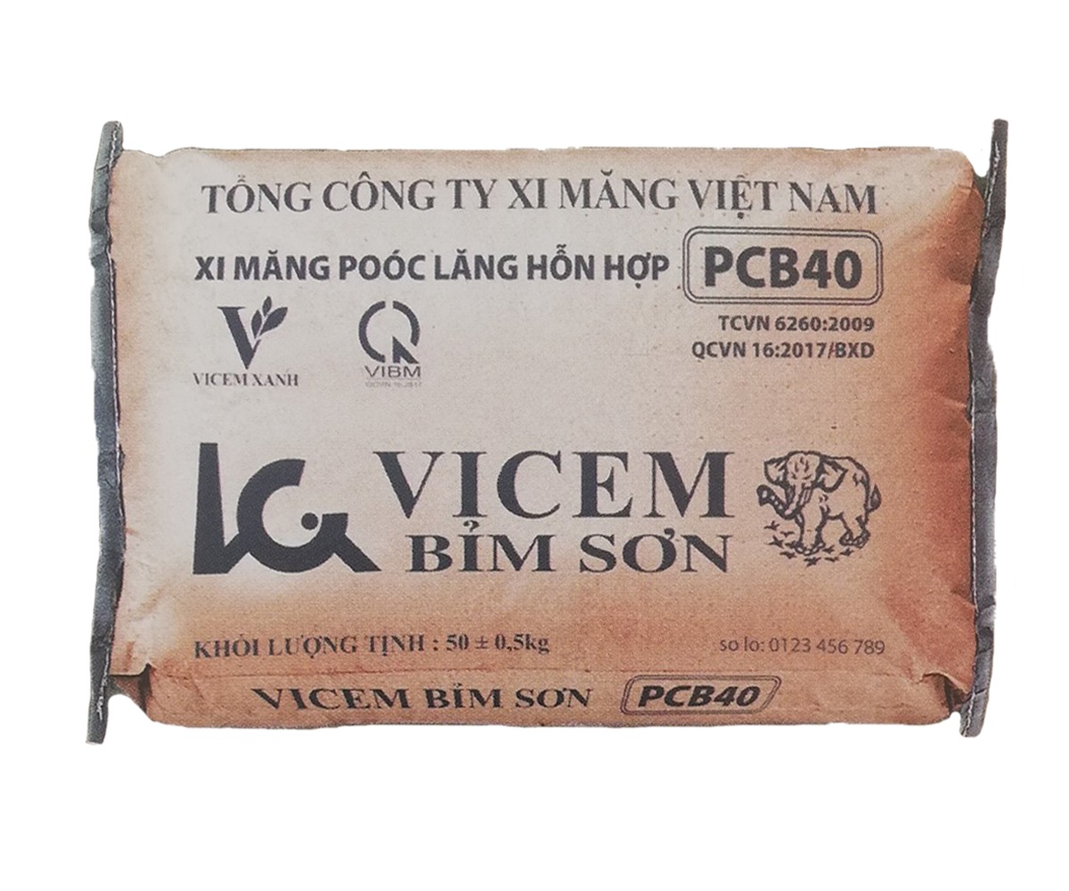 Bao xi măng Vicem Bỉm Sơn PCB40, nặng 50kg, tiêu chuẩn TCVN 6260:2009 và QCVN 16:2017/BXD.