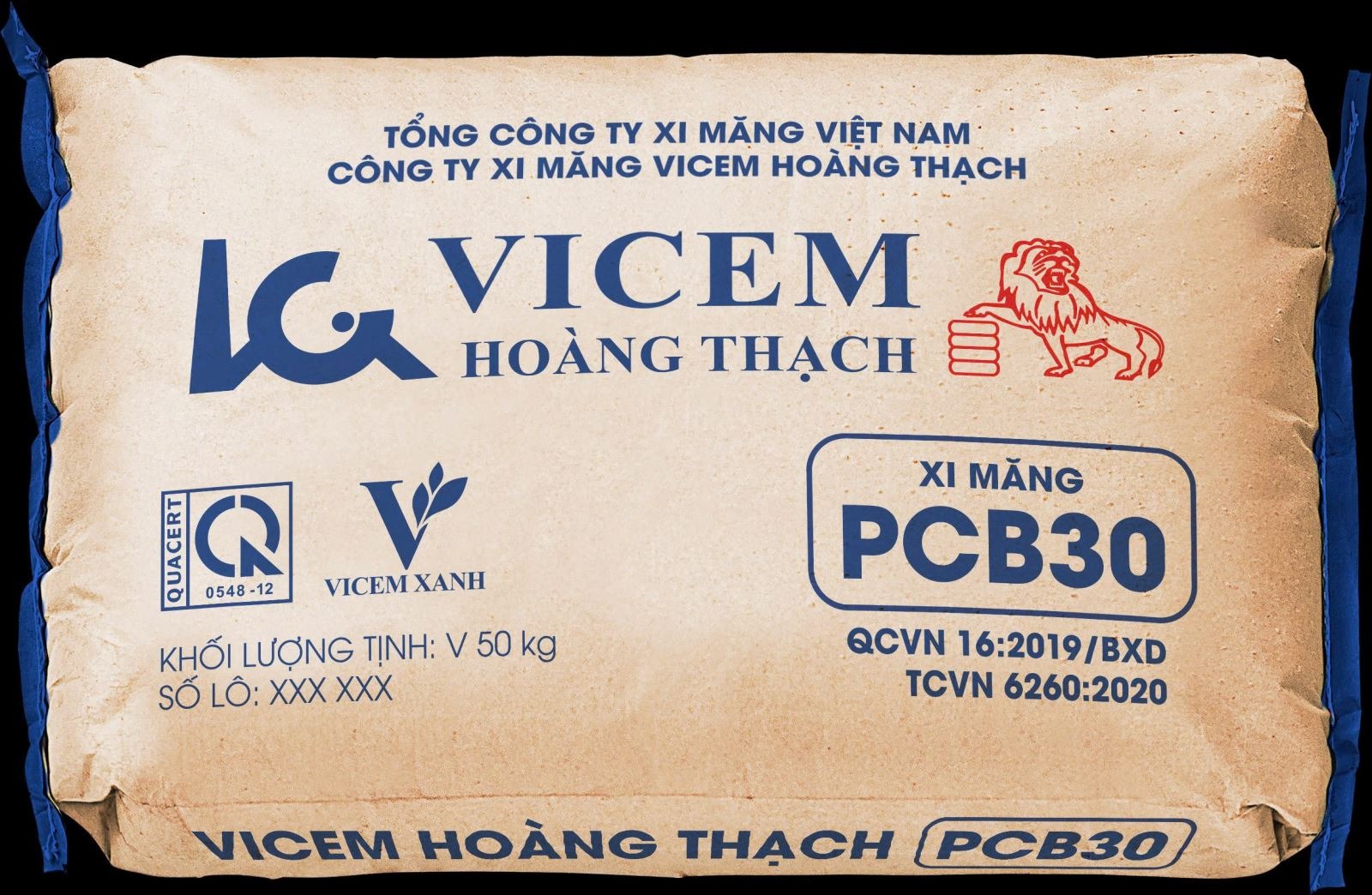 Bao xi măng Vicem Hoàng Thạch PCB30, 50kg, tiêu chuẩn Việt Nam, logo sư tử và Vicem Xanh.
