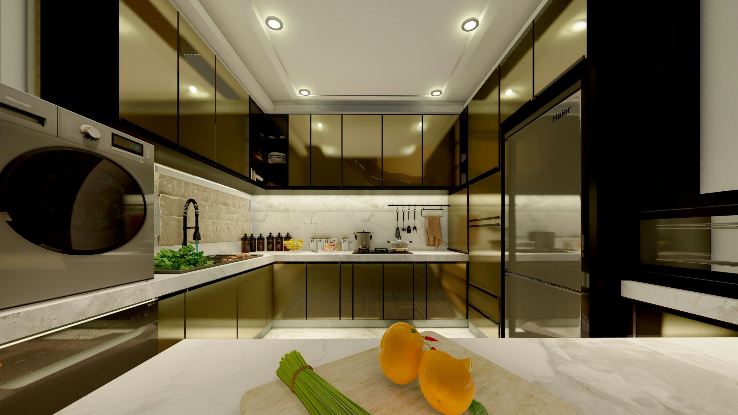 Nhà bếp hiện đại với nội thất sang trọng, rau củ tươi trên bàn đá trắng, tủ bếp kim loại bóng loáng.