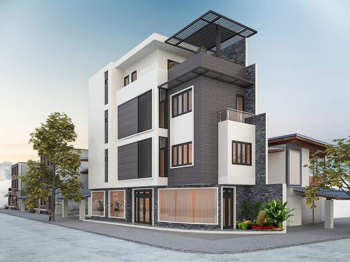 Nhà phố hiện đại 4 tầng, thiết kế tối giản với cửa kính lớn, nằm trên góc phố xanh mát.
