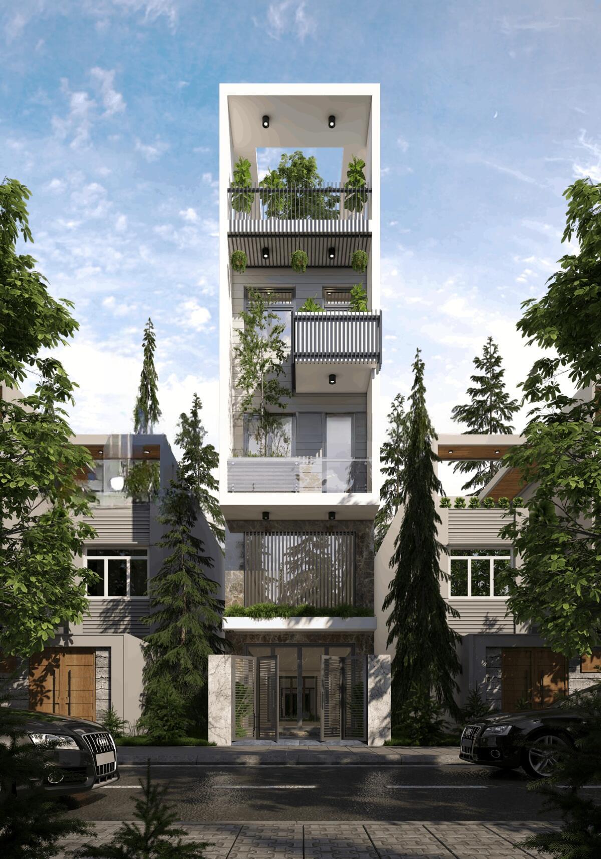 Tòa nhà cao tầng hiện đại với cây xanh trên các tầng và bầu trời xanh tạo nét đẹp kiến trúc đô thị.