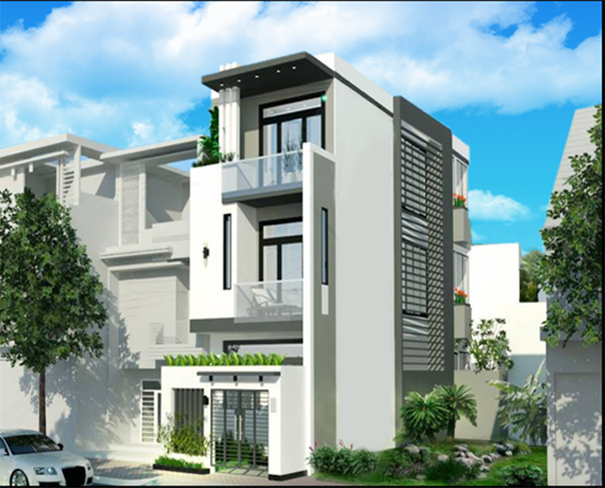 Nhà ba tầng hiện đại với thiết kế tối giản, cửa kính lớn, cây xanh, và bầu trời tươi sáng.
