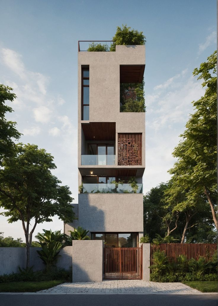 Nhà ống hiện đại với cây xanh trên tầng thượng và cửa lam gỗ; thiết kế tối giản, hòa hợp với thiên nhiên.