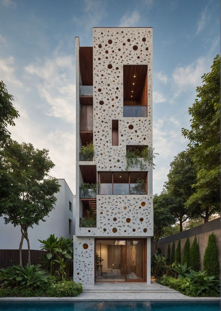 Nhà phố hiện đại với mặt tiền độc đáo, lỗ tròn, cây xanh, và hồ bơi, tạo cảm giác thoáng mát và tinh tế.