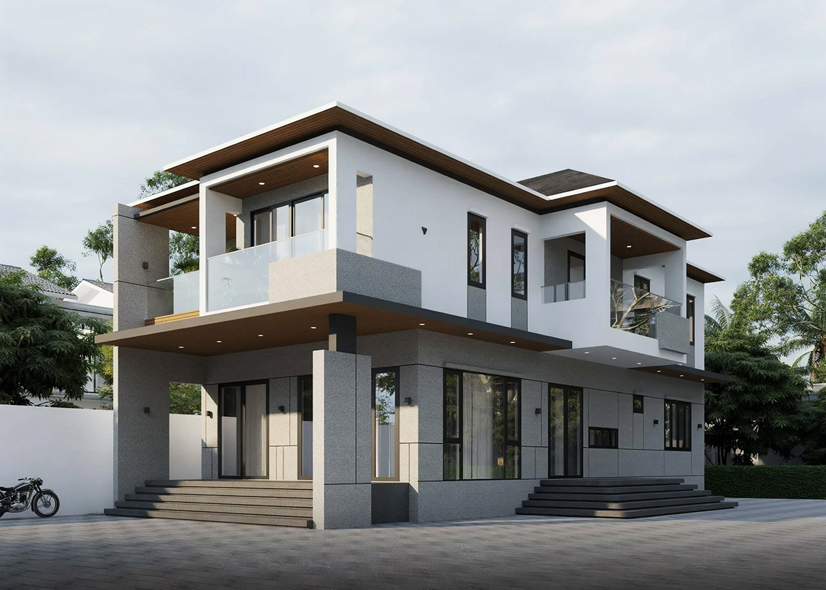 Ngôi nhà hai tầng hiện đại với cửa sổ lớn và sân rộng, bao quanh bởi cây xanh.