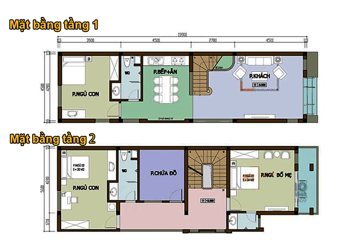 Sơ đồ mặt bằng nhà hai tầng với các phòng ngủ, bếp, khách và WC. Thiết kế tối ưu không gian sống.