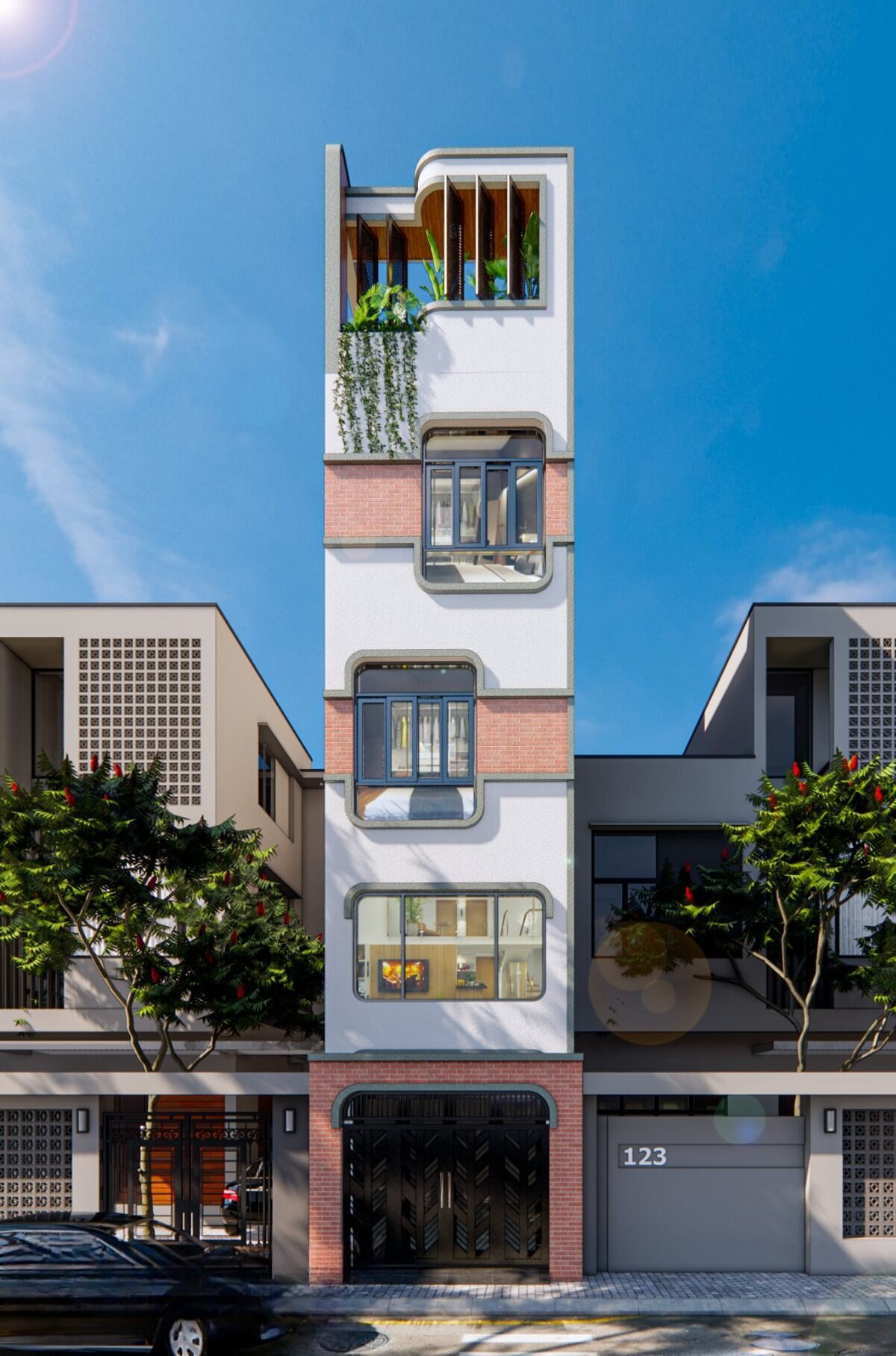Nhà phố hiện đại 4 tầng với ban công xanh, mặt tiền gạch trắng pha đỏ, cây xanh trước cửa, bầu trời xanh.