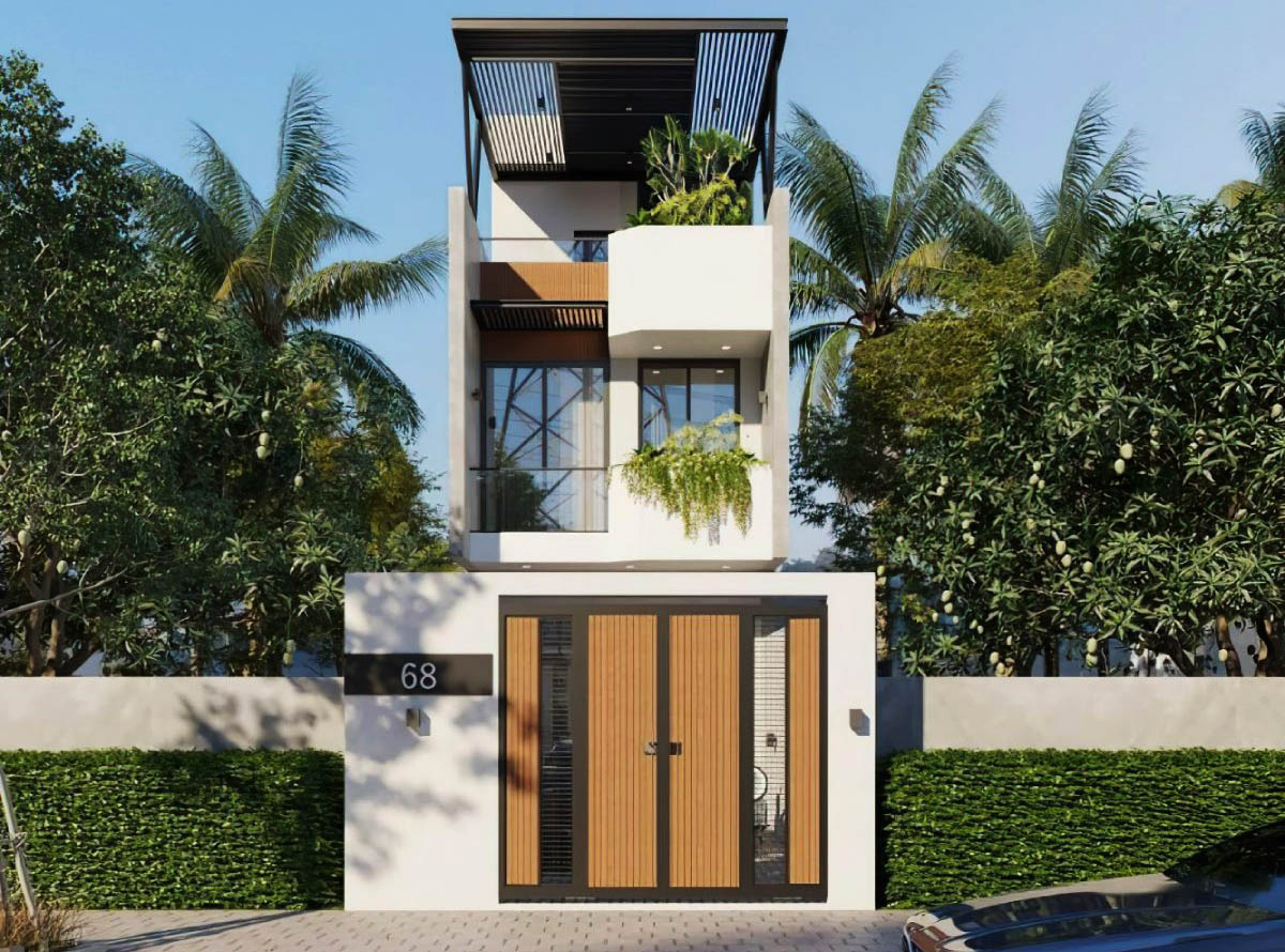Nhà hiện đại ba tầng với mặt tiền kính, cửa gỗ, cây xanh xung quanh, phong cách tối giản.