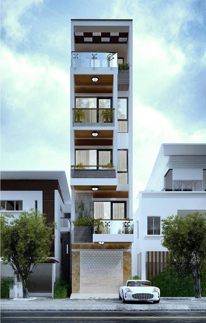 Nhà phố hiện đại nhiều tầng với ô tô trắng đậu phía trước, thiết kế ban công kính và không gian xanh mát.