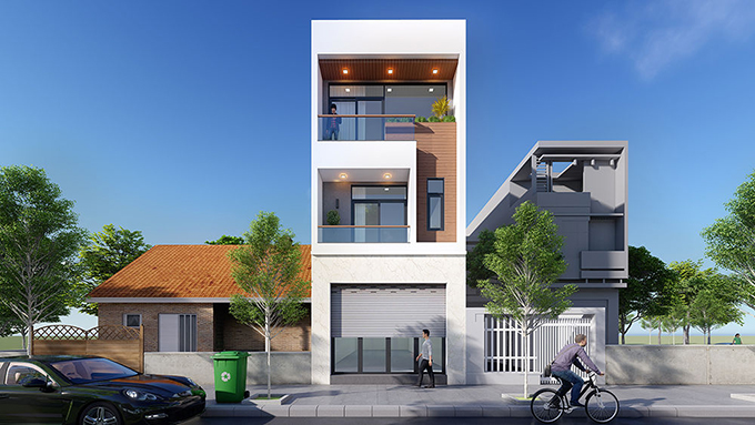 Nhà phố ba tầng hiện đại, với ban công, người đi xe đạp, bầu trời xanh, cây cối xung quanh.
