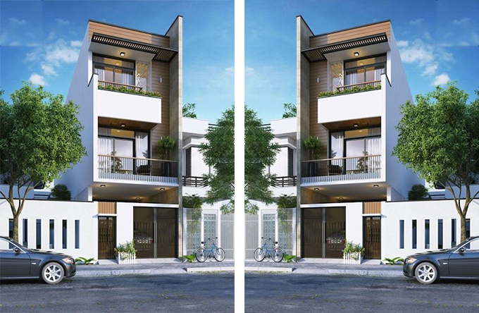 Nhà phố ba tầng phong cách hiện đại, thiết kế tối giản với cây xanh phía trước và hai cửa chính cân đối.