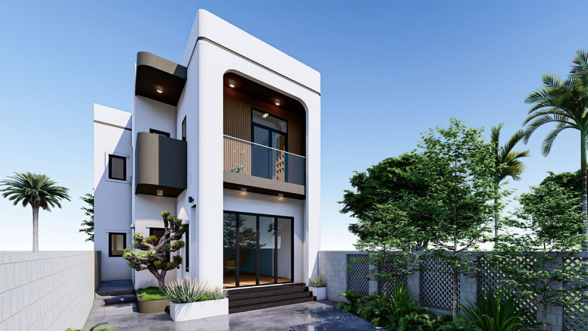Nhà hiện đại hai tầng với mặt tiền trắng, cây xanh và bầu trời trong xanh.