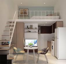 Căn hộ nhỏ gọn, thiết kế hiện đại với gác lửng, bàn ăn và bếp tiện nghi, tông màu trang nhã.