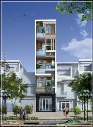 Tòa nhà cao tầng hiện đại với kiến trúc độc đáo, nằm giữa hai tòa nhà thấp hơn, cảnh quan xanh mát.